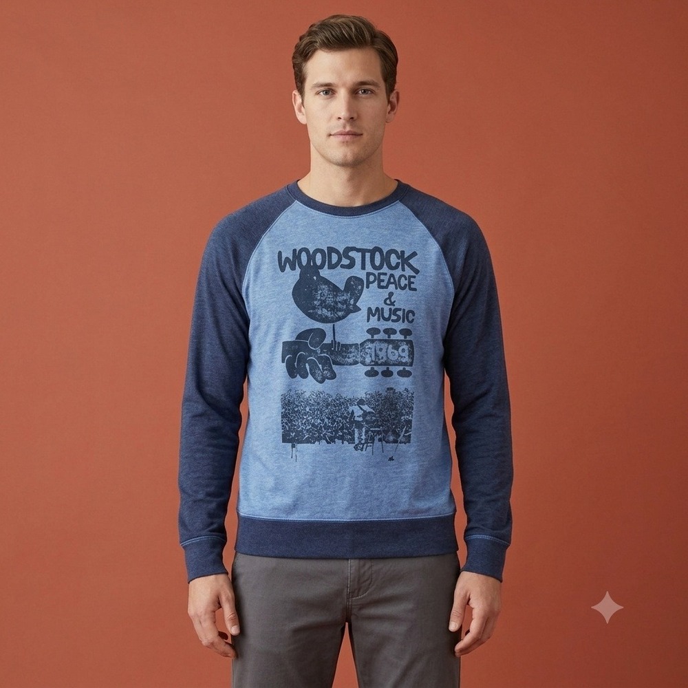 Lucky Brand Woodstock Peace & Music 1969 Sweatshirt Men XL Blue Raglan EUC